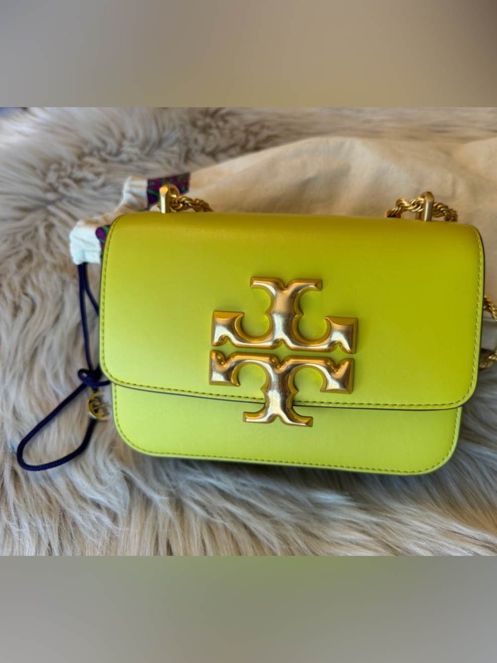 Tory Burch Chartreuse Leather Chain Crossbody with Gold Logo